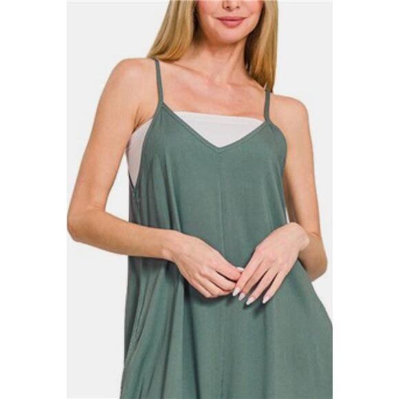 Zenana Sleeveless Curved Hem Wide Leg Overalls with Pockets - Picture 3 of 3